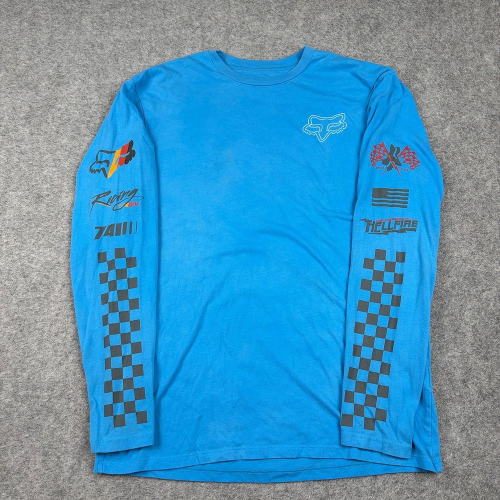 Fox Racing Long Sleeve Shirt Mens Large Blue Graphic Motocross Checkerboard Y2K